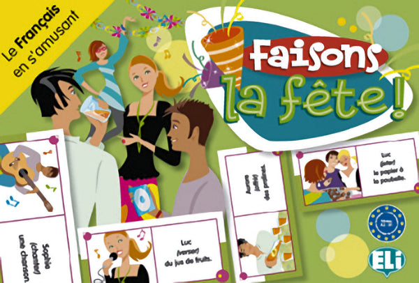 Faisons la Fête! Un jeu de domino qui facilite l’apprentissage, consolide et entraîne à l’utilisation des formes verbales en mettant en scène une situation du temps libre : une fête dans un jardin.